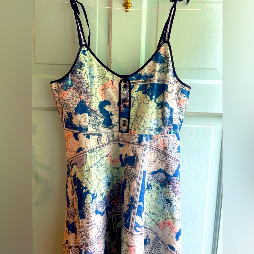 Modcloth Pink Blue Green Waving from the Waterfront Map Atlas Globe Dress XL